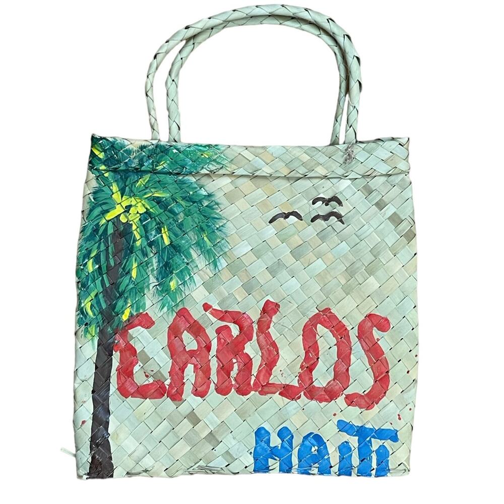 STRAW TOTE BAG FROM HAITI PALM TREE BIRDS - Picture 2 of 5